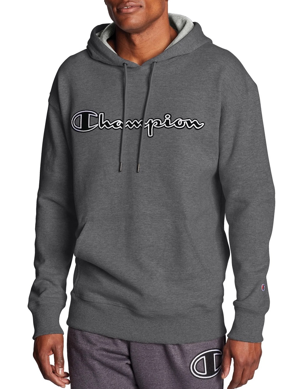Champion charcoal gray pullover hoodie with embroidered logo